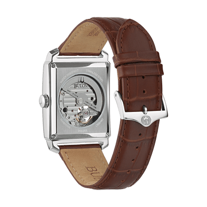 Herrklocka med synligt urverk och brunt läderarmband, profil