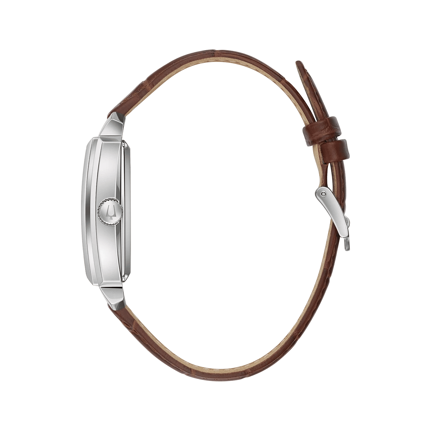 Herrarmbandsur med silverfärgat hölje och brunt läderarmband, sedd från sidan