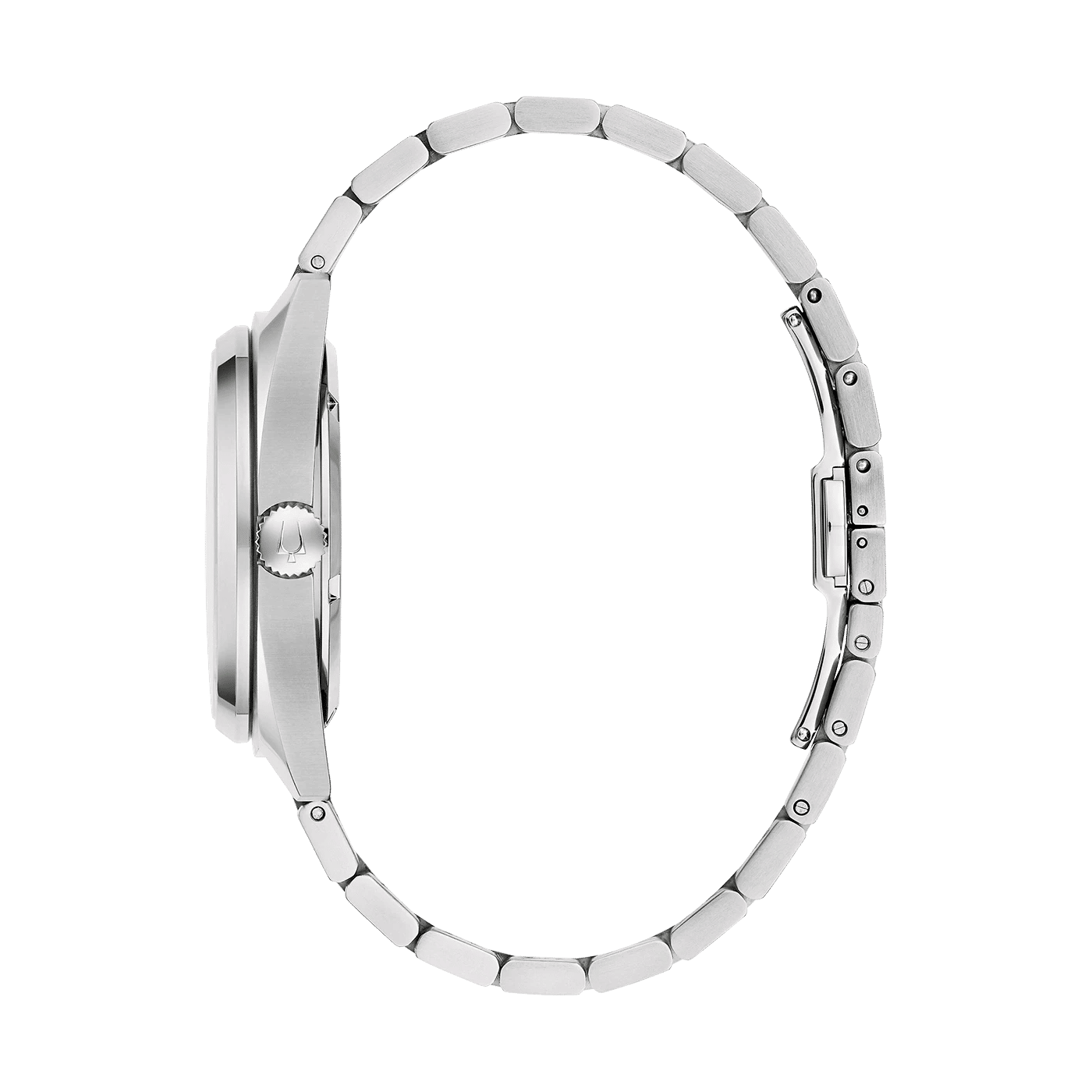 Herrarmbandsur: armband och boett i silverfärgat stål, sidovy med krona