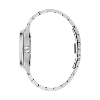 Herrarmbandsur: armband och boett i silverfärgat stål, sidovy med krona
