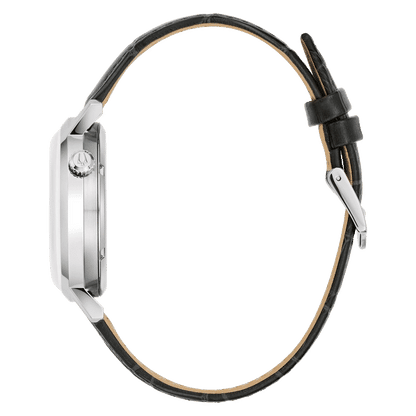 Bulova herrur, sidovy med svart läderarmband och silverfärsat rostfritt stålboett