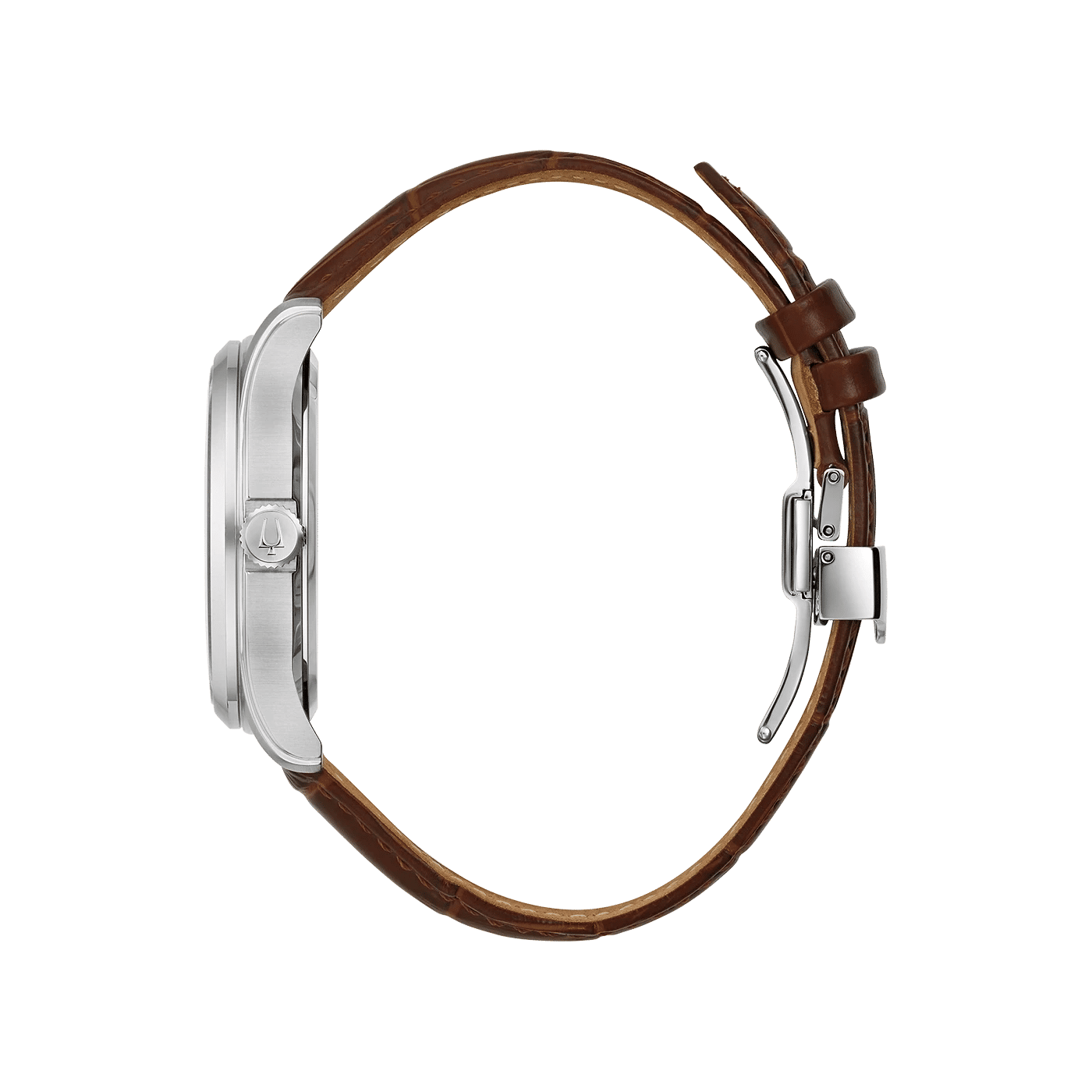 Herrklocka: brunt läderarmband med stiftspänne, silverfärgat hölje