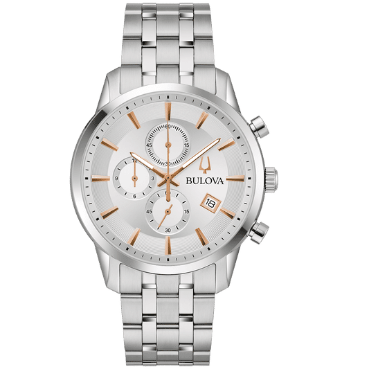 Bulova Chronographenarmbanduhr mit silberfarbenem Edelstahlarmband, weißem Zifferblatt und Datumsanzeige