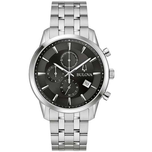 Bulova Chronographenarmbanduhr: schwarzes Zifferblatt, Edelstahlband, Datum