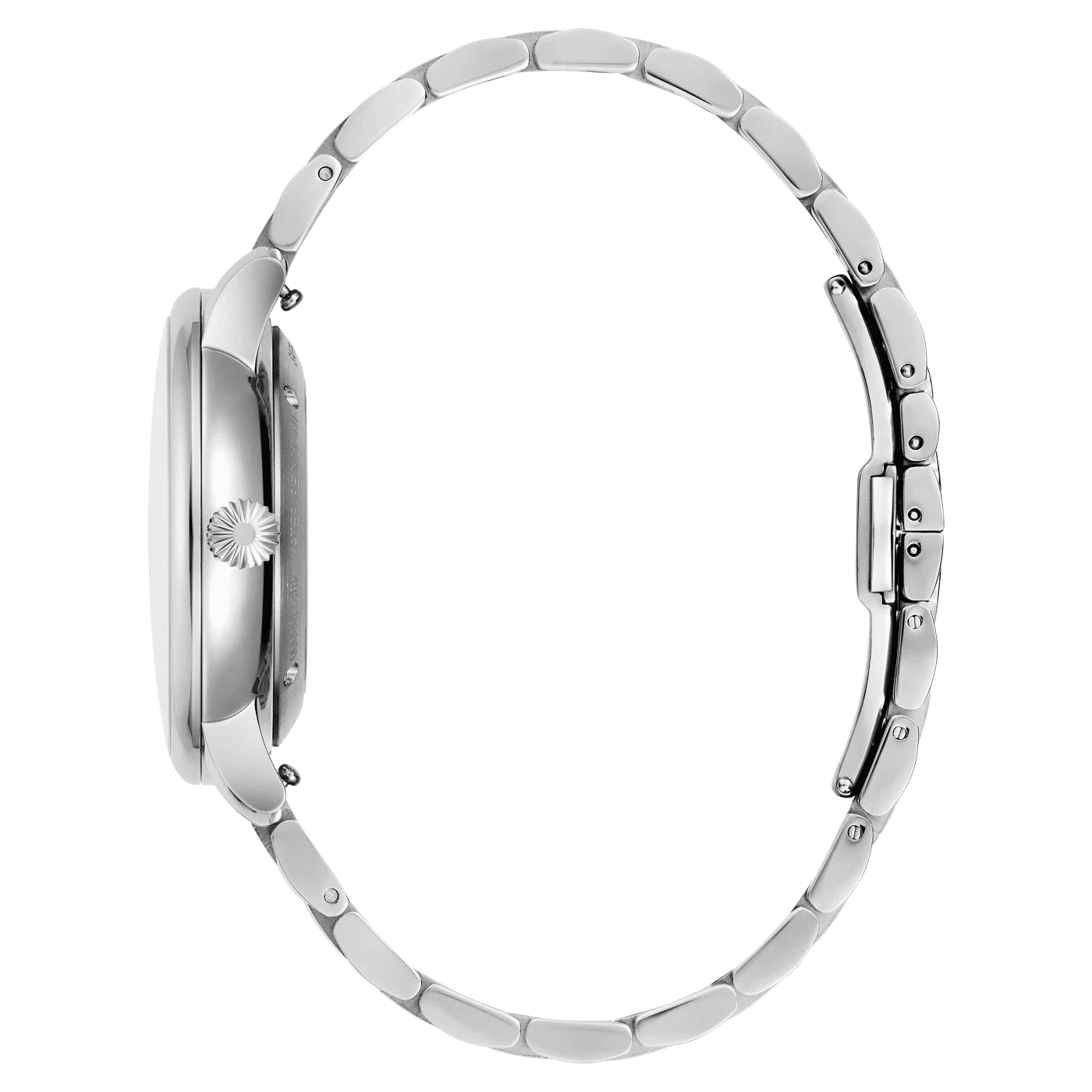 Bulova herrarmbandsur i rostfritt stål med boett och armband, sidovy.