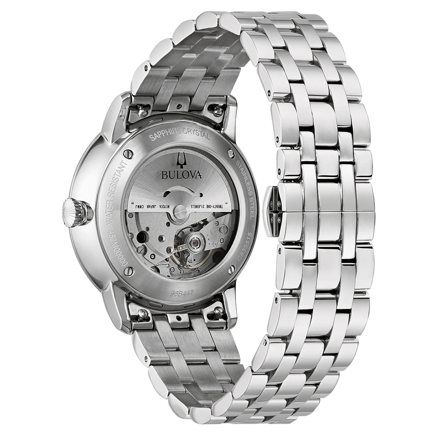 Bulova herrarmbandsur med genomskinlig baksida, automatiskt urverk, armband i rostfritt stål.
