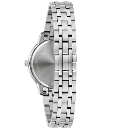 Damenuhr Rück-/Seitenansicht mit silbernem Edelstahlgehäuse und Kettenarmband