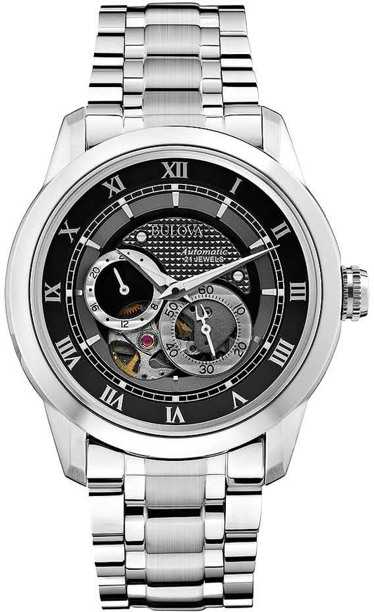 Automatisk herrklocka med skeletturtavla, silverfärgat metallarmband och svart innerring