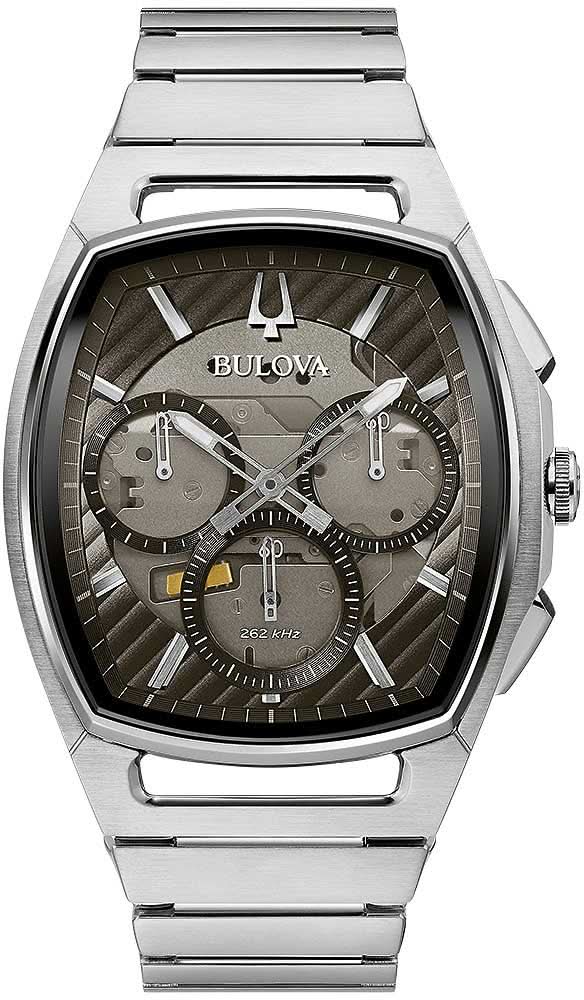 Bulova herrklocka med silverfärgat armband i rostfritt stål och mörk urtavla, böjd design