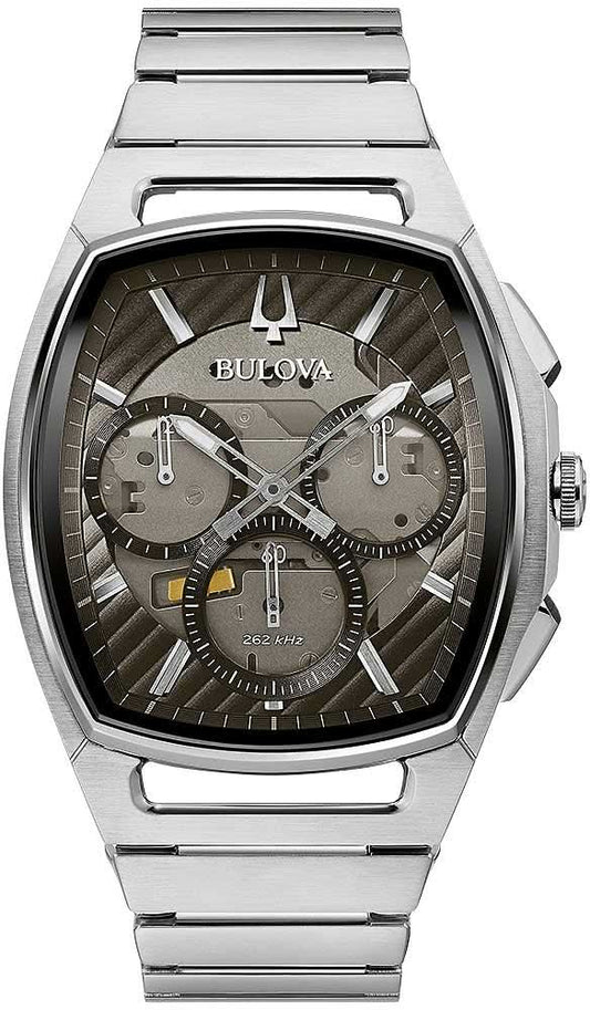 Bulova herrklocka med silverfärgat armband i rostfritt stål och mörk urtavla, böjd design