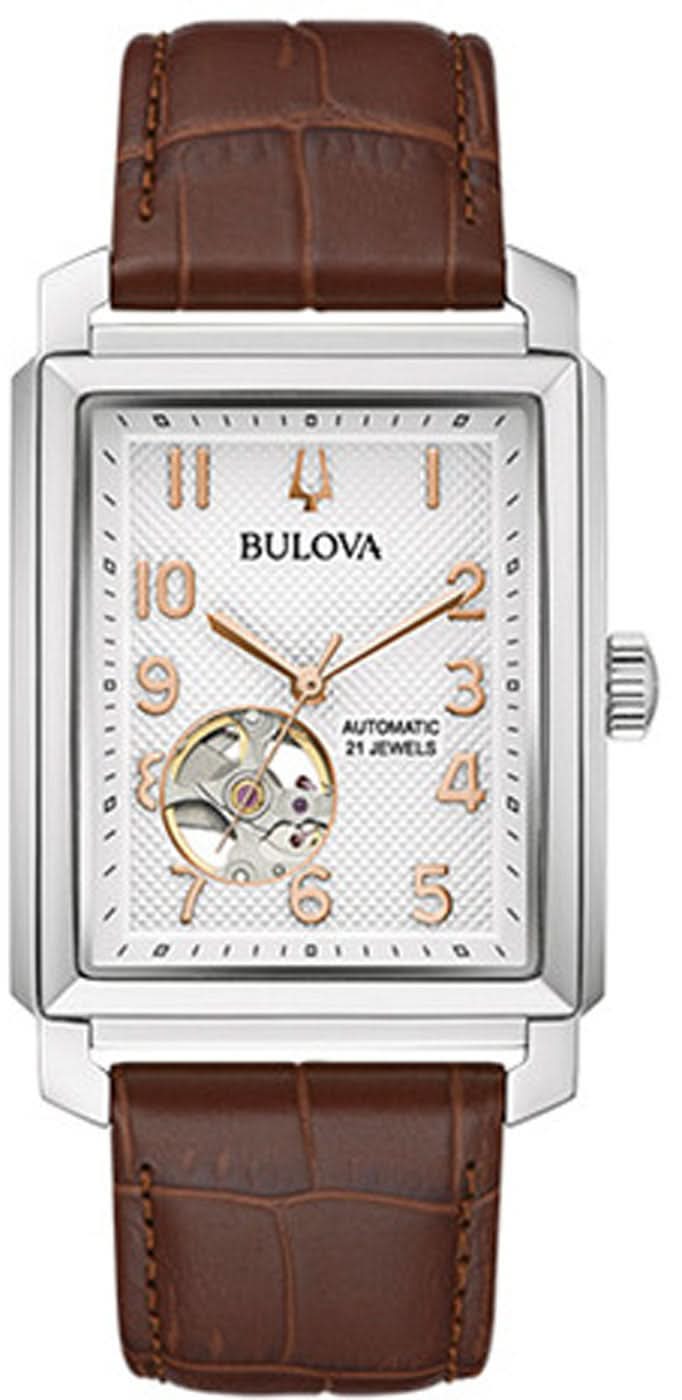 Bulova Sutton automatisk herrklocka med brun läderrem och urtavla med öppet hjärta
