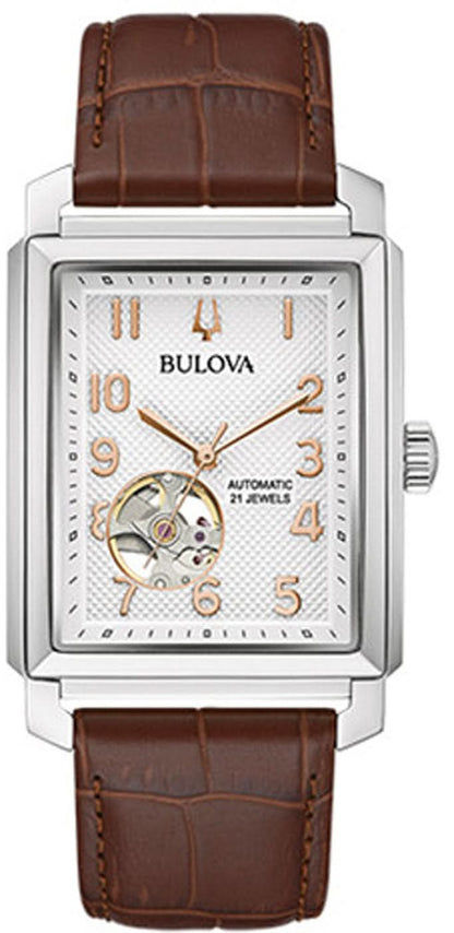 Bulova Sutton automatisk herrklocka med brun läderrem och urtavla med öppet hjärta