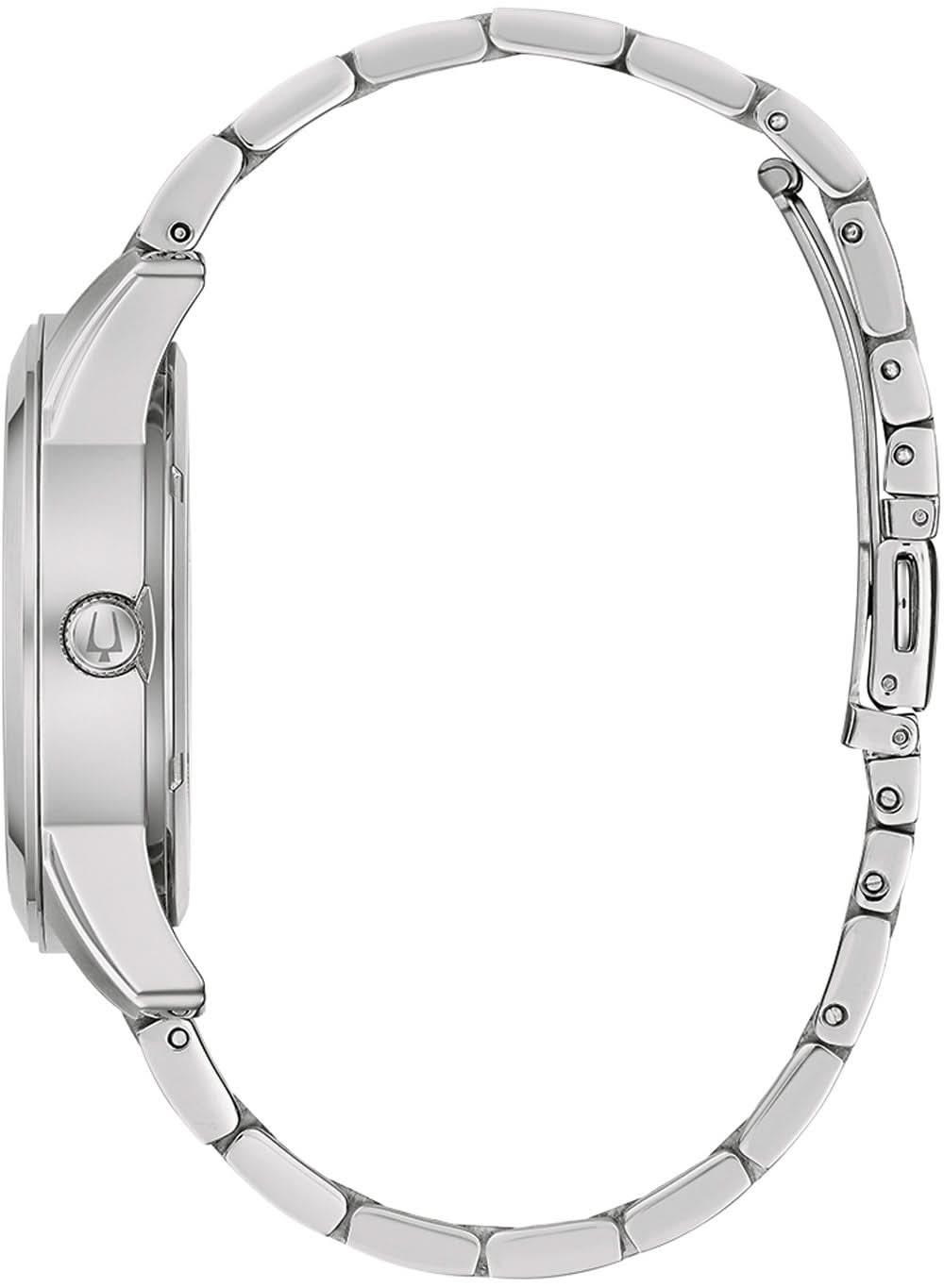 Armbandsur för herrar, sidovy med krona och länkarmband i rostfritt stål