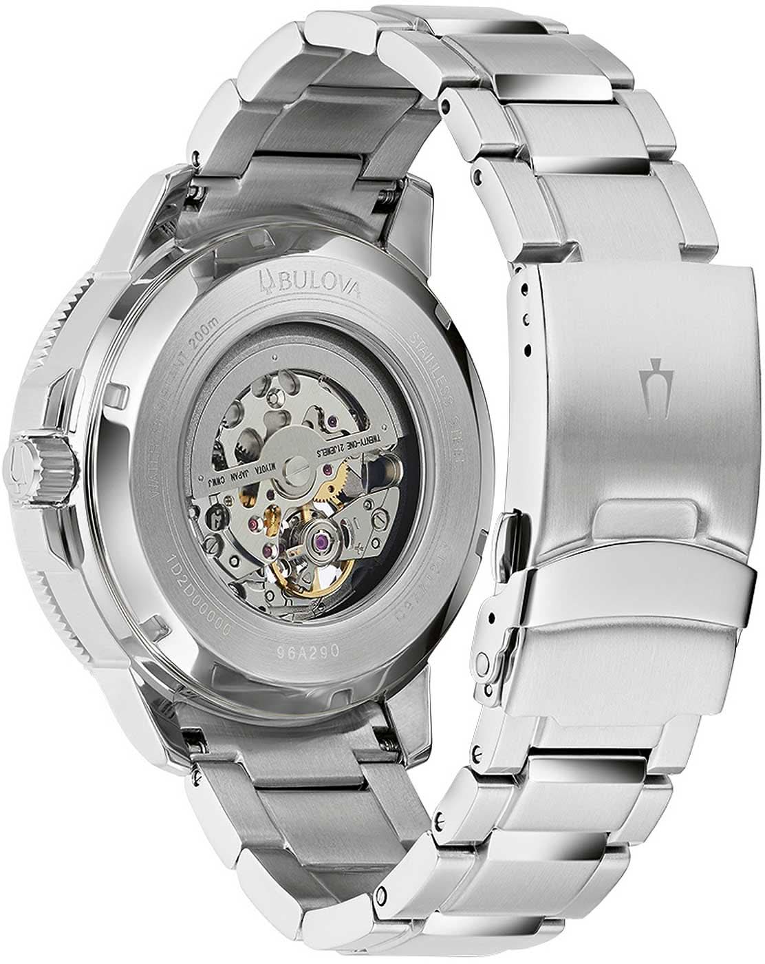 Bulova Marine Star herrklocka baksida med synligt automatiskt urverk, rostfritt stål