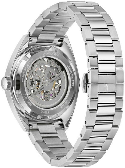 Bulova herrklocka med skeletttavla och transparent glas, armband i rostfritt stål
