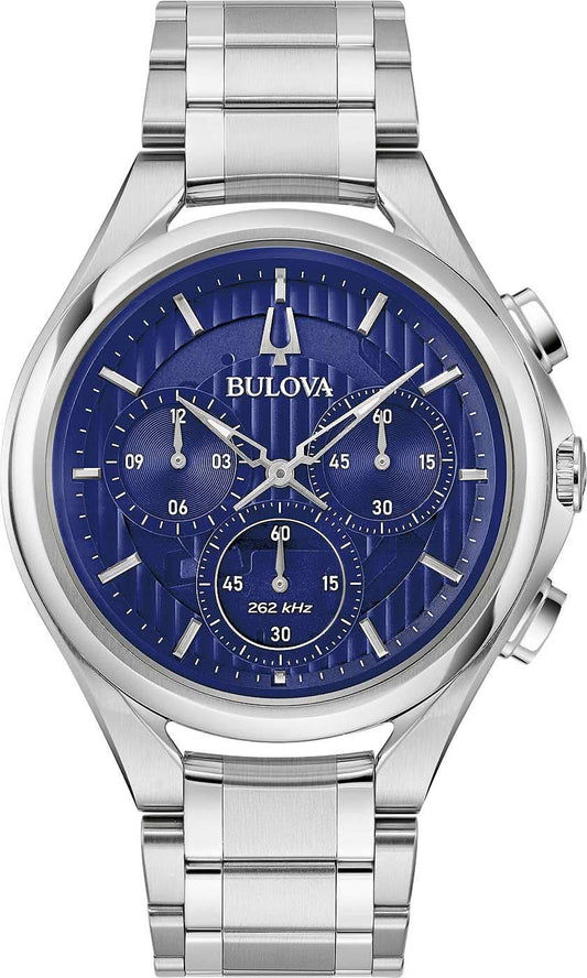 Bulova herrklocka: blå urtavla, kronograf, böjt boett i rostfritt stål, metallarmband