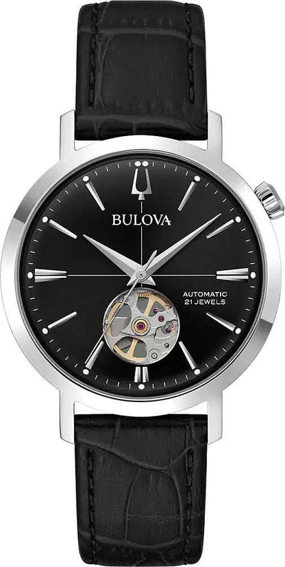Bulova herrklocka med svart urtavla, rostfritt stålboett och svart läderarmband