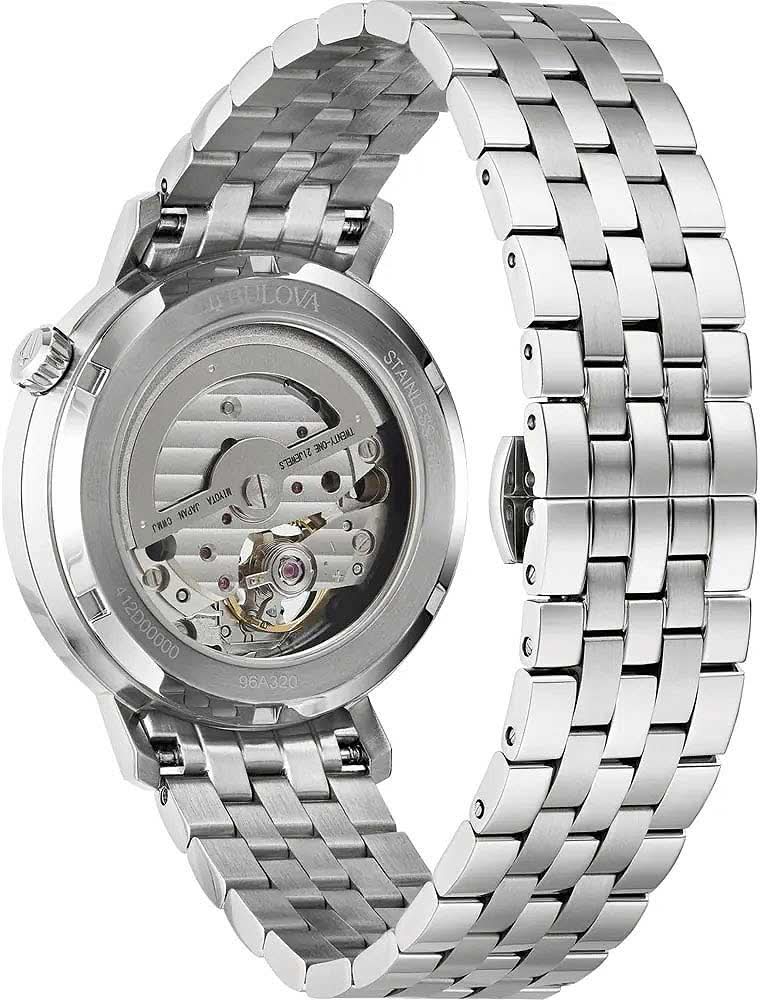Bulova herrur med synligt automatiskt urverk på glasbaksida och armband i rostfritt stål