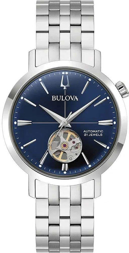 Bulova herrur med blå urtavla och armband i rostfritt stål