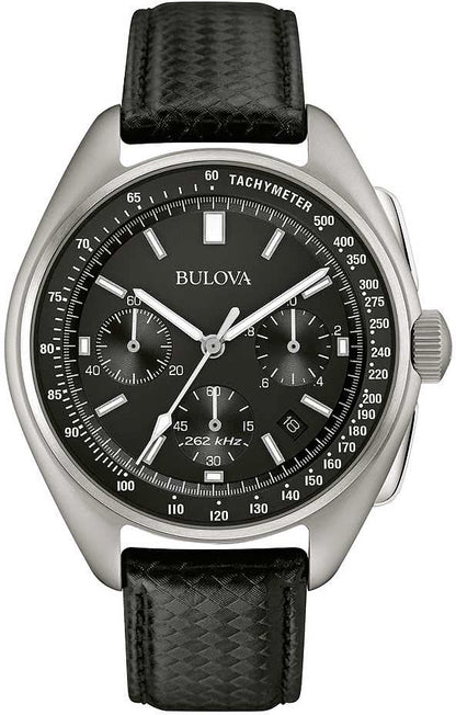 Bulova herrklocka med svart urtavla, tachymeter och svart läderarmband