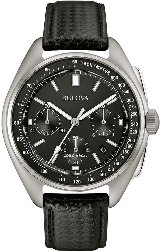 Bulova herrklocka med svart urtavla, tachymeter och svart läderarmband