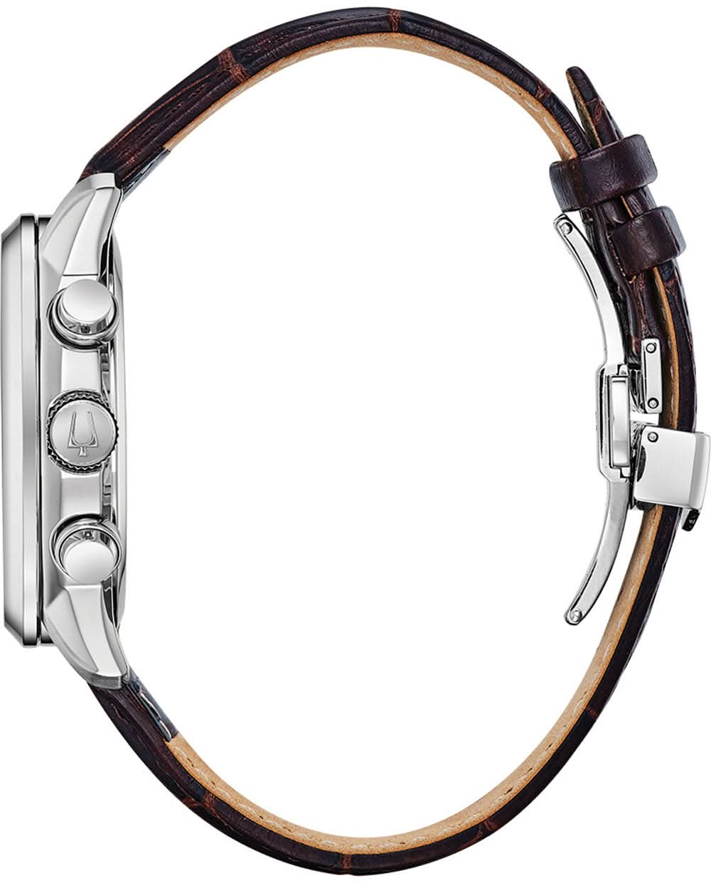 Bulova herrklocka med brunt läderarmband, sidovy med skruvad krona