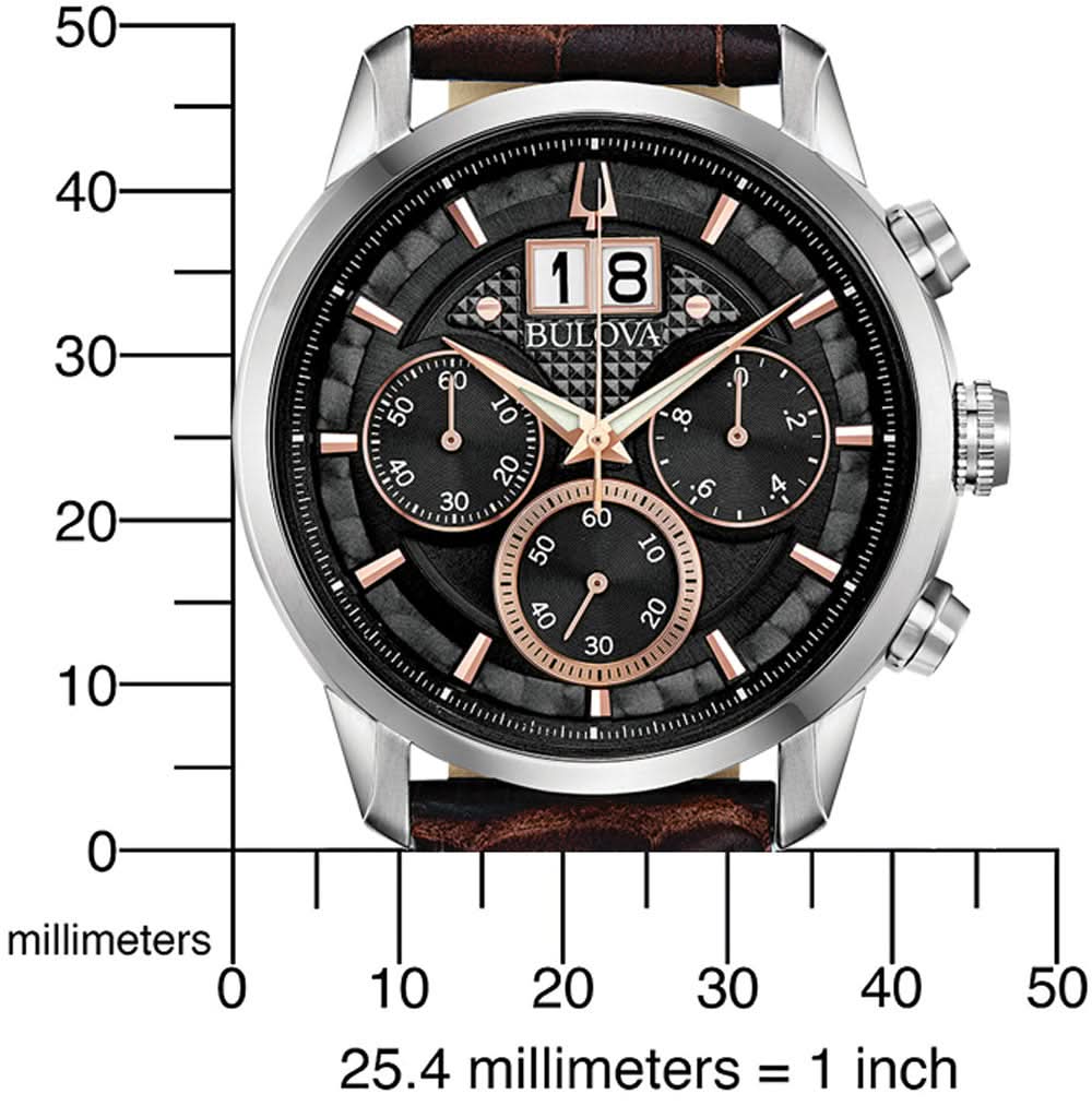 Bulova herrklocka med svart urtavla, kronograf-subdialer, skeletterat mönster och boettring