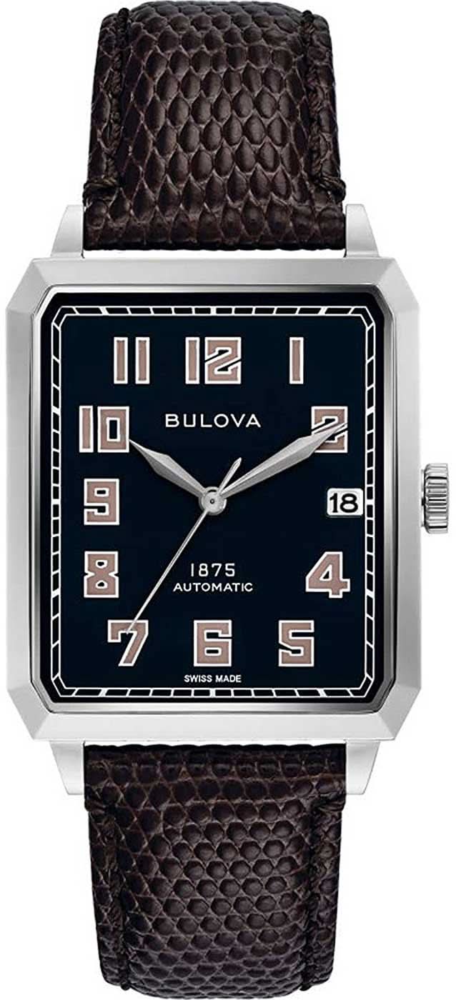 Bulova herrklocka med blå urtavla, brunt armband med ormskinnsmönster och boett i silver