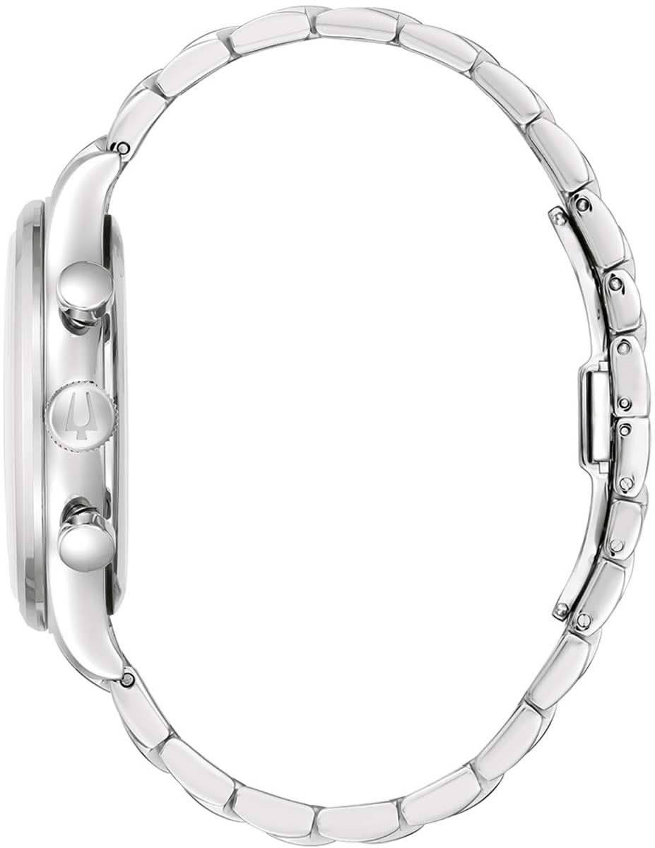 Armbandsur i rostfritt stål, sedd från sidan, med krona och länkarmband