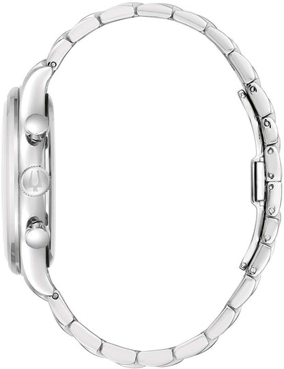 Armbandsur i rostfritt stål, sedd från sidan, med krona och länkarmband