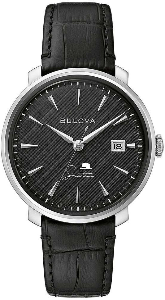 Bulova herrklocka med svart urtavla, silverfärgat hölje och svart läderarmband