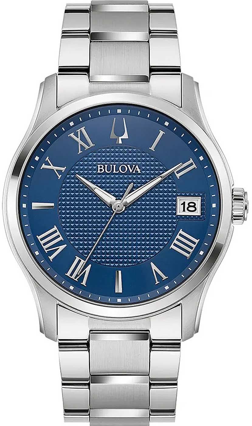 Bulova herrklocka i rostfritt stål med blå urtavla och datumfönster