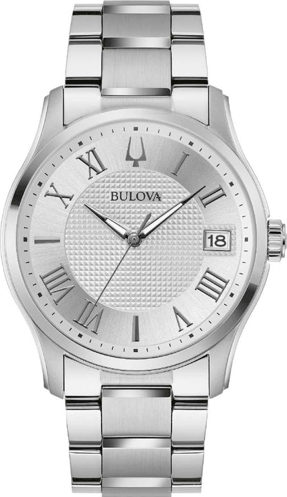 Bulova herrarmbandsur med silverfärgad urtavla, romerska siffror och datumfönster, armband i rostfritt stål