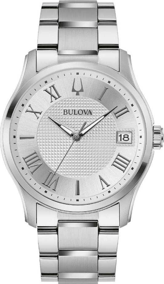 Bulova herrarmbandsur med silverfärgad urtavla, romerska siffror och datumfönster, armband i rostfritt stål