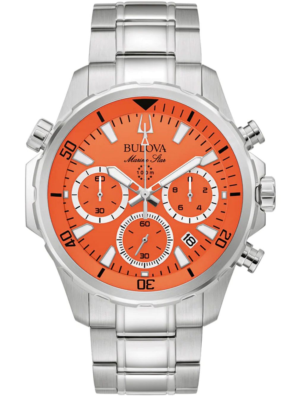 Herrenchronograph Bulova Marine Star Uhr mit orangefarbenem Zifferblatt und Stahlarmband