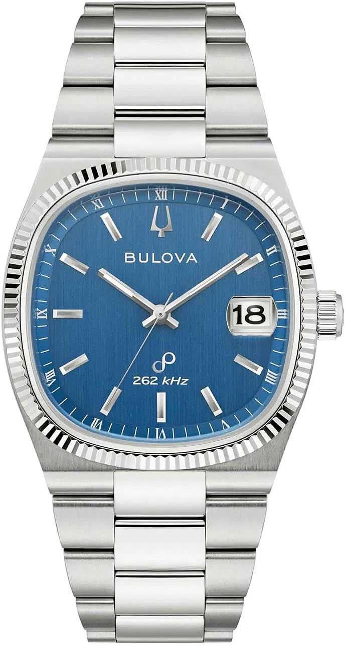 Bulova herrarmbandsur med blå urtavla, silverfärgat rostfritt stålband, 18 display