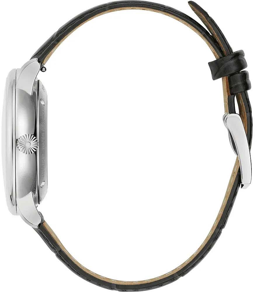 Herrklocka sidovy: silverfärgat hölje och svart läderarmband