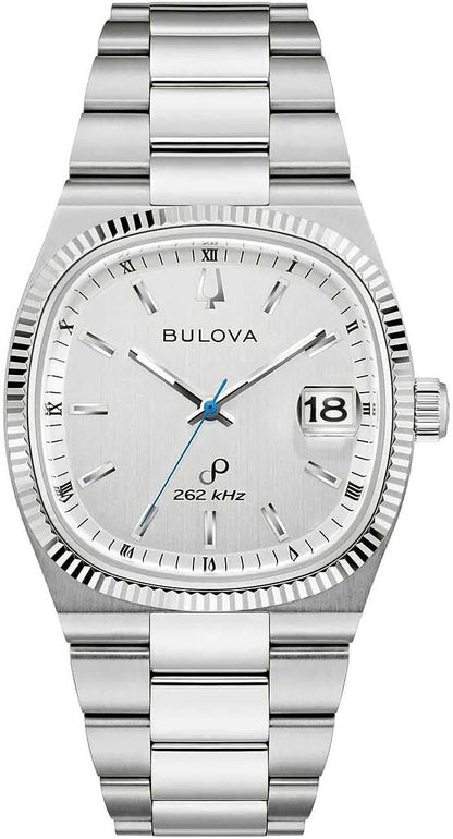 Bulova herrklocka med silverfärgat rostfritt stålarmband, vit urtavla och datumvisning