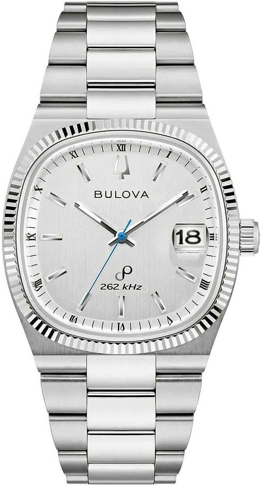 Bulova herrklocka med silverfärgat rostfritt stålarmband, vit urtavla och datumvisning