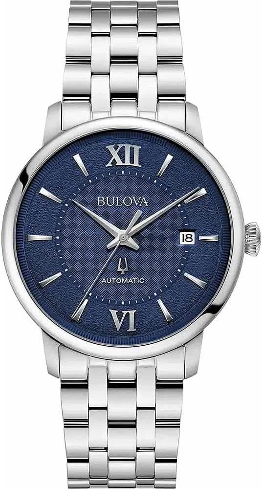 Bulova herrarmbandsur: blå urtavla, romerska siffror, datumvisning, armband i rostfritt stål.