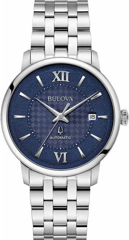 Bulova herrarmbandsur: blå urtavla, romerska siffror, datumvisning, armband i rostfritt stål.