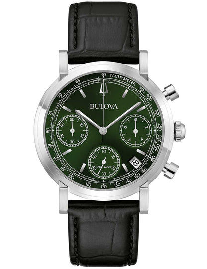 Herren-Armbanduhr mit schwarzem Lederarmband und grünem Zifferblatt, Chrono-Subdials