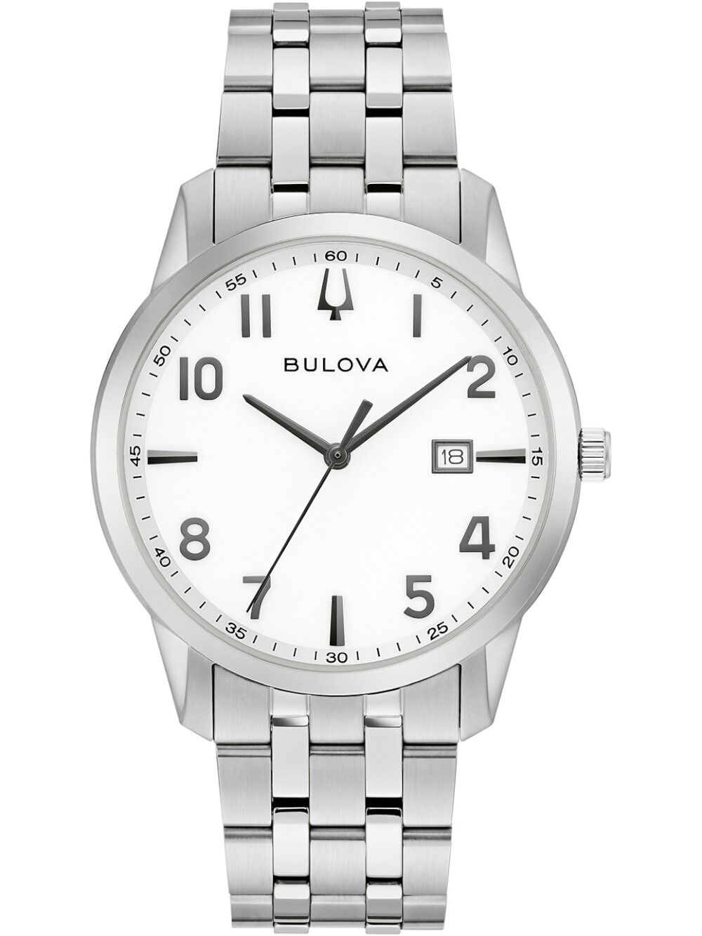 Herren-Armbanduhr von Bulova mit weißem Zifferblatt und silbernem Metallarmband