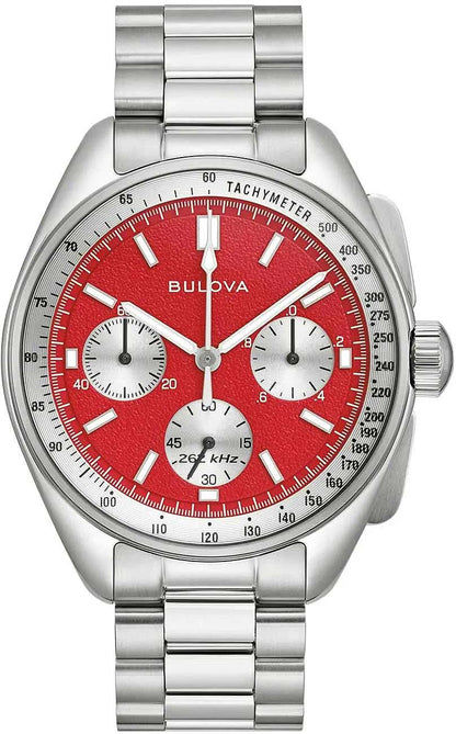Bulova herrarmbandsur med röd urtavla, kronograf och metallarmband