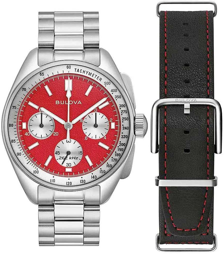 Bulova herrarmbandsur med metallarmband samt vy med svart läderband