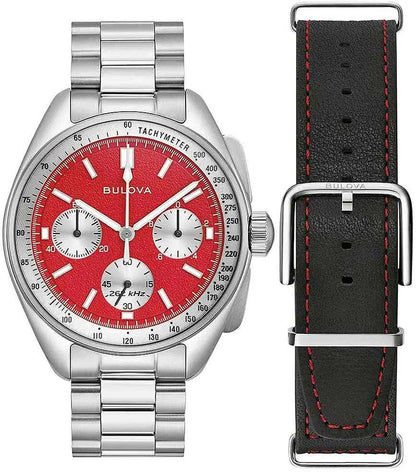 Bulova herrarmbandsur med metallarmband samt vy med svart läderband