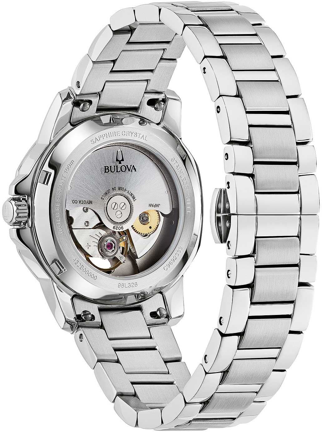 Bulova damklocka, baksida med glasboett och synligt automatiskt urverk, rostfritt stål