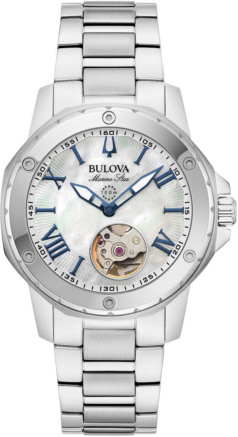 Bulova damklocka med pärlemorurtavla, blå sekundvisare och armband i rostfritt stål