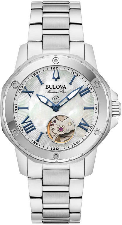 Bulova damklocka med pärlemorurtavla, blå sekundvisare och armband i rostfritt stål