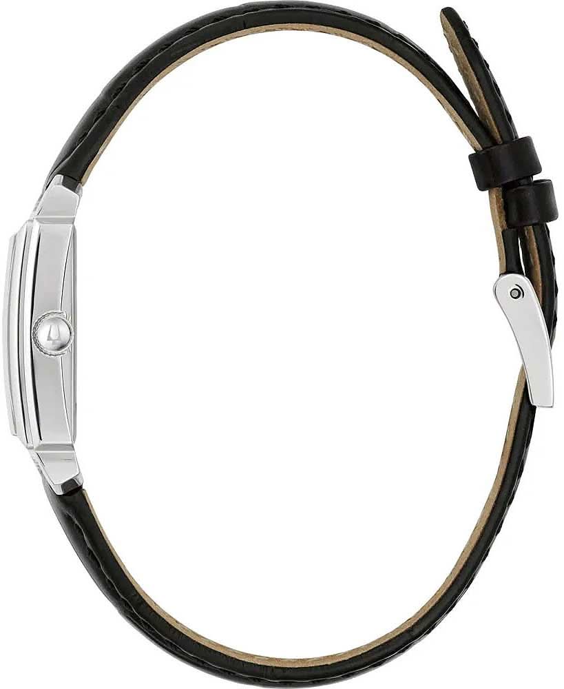Bulova damklocka, svart läderarmband med spänne och silverfärgat hölje
